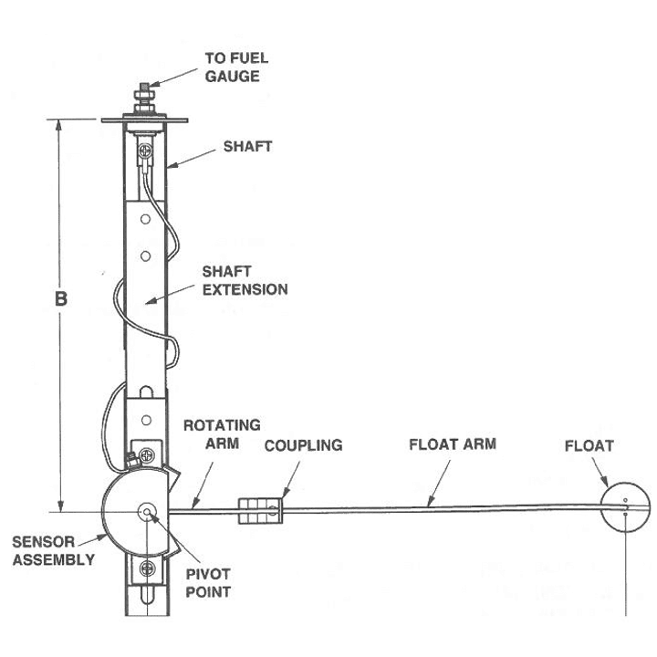Resistive Fuel Level Sender 10mm Resolution 127 to 685mm Depth. 10(E) to 180(F)Ω Pivot (C730-558-01)