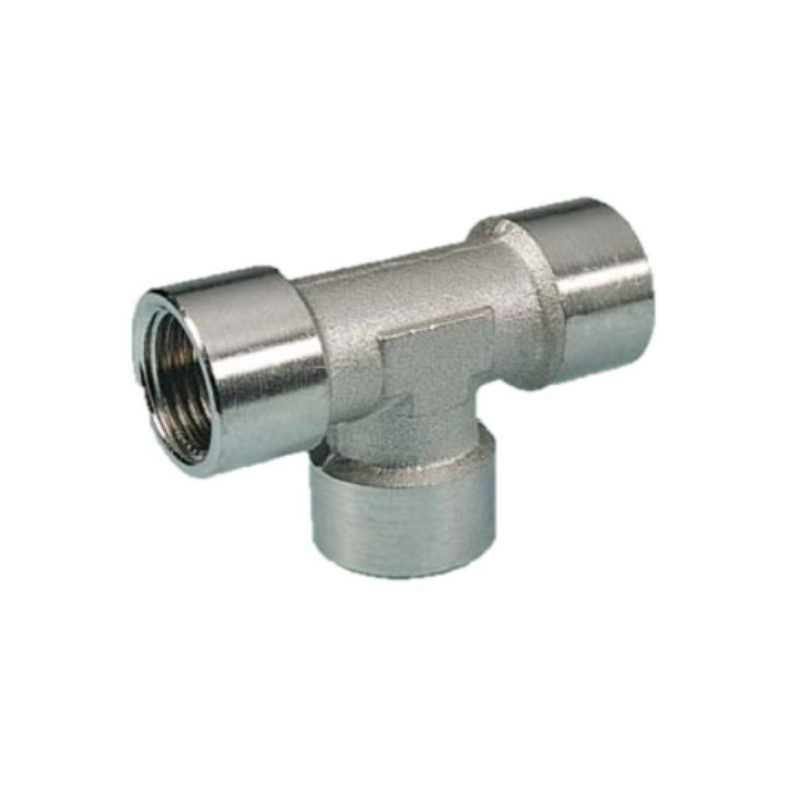 Pneumax 11112 Tee Piece - Female Thread To Female Thread - Nickel Plated Brass - 1/2" To 1/2"