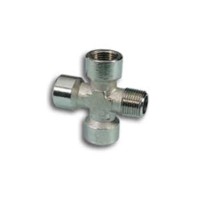 Pneumax 12012 Cross Piece - One Male Three Female - Nickel Plated Brass - 1/2"