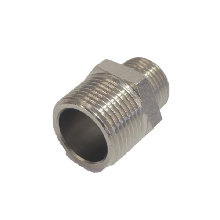 Isaiah BC-02T04T Nipple - Male Thread To Male Thread - Nickel Plated Brass - 1/4" To 1/2"