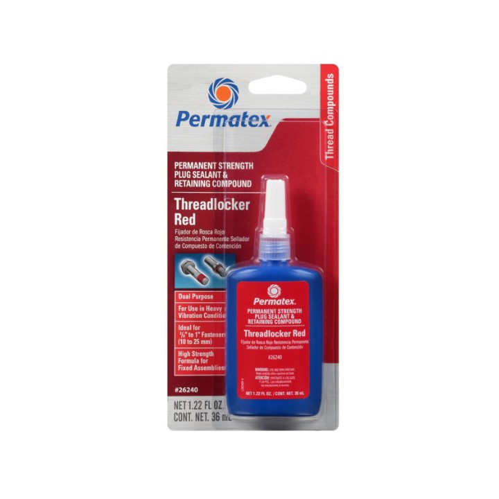 Permatex 26240 PERMANENT STRENGTH THREADLOCKER RED & CUP/CORE PLUG SEALANT RETAINING COMPOUND