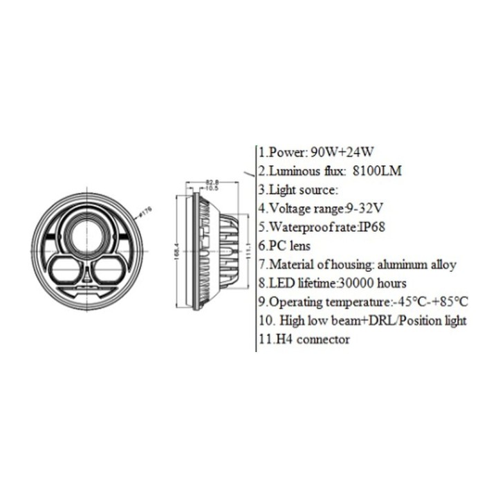 OMNI-AM-103-142-71130 LED Headlight 7" Round, High and Low Beam with DRL