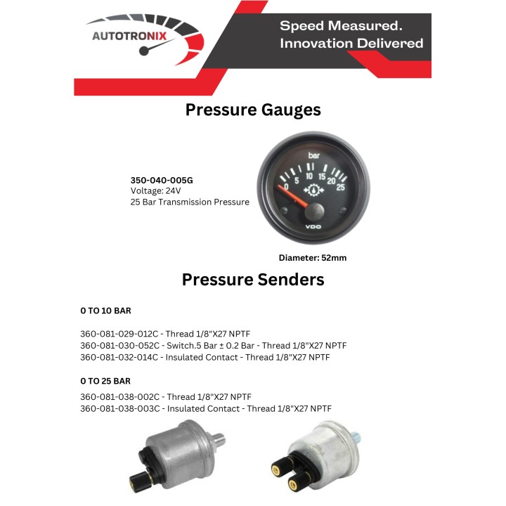 VDO 350-040-005G Pressure Gauge Cockpit International 25bar Transmission 52mm 24V