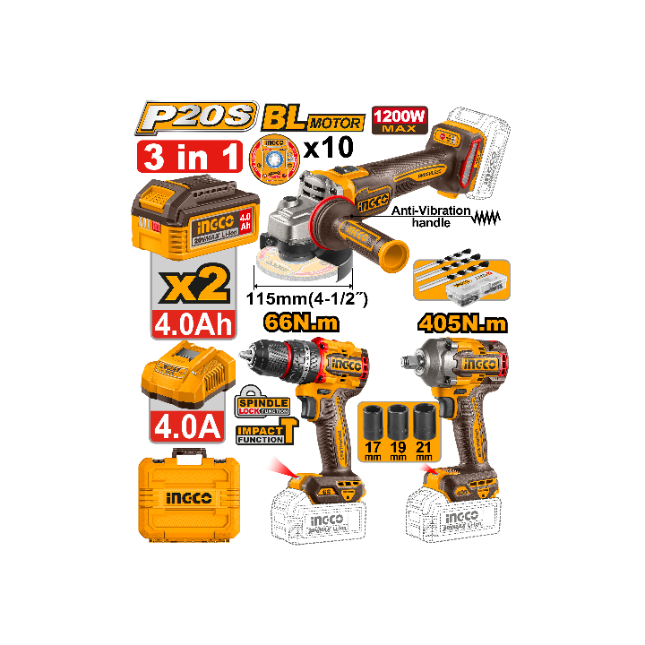 INGCO CKLI20358 3Pce 20V PS+C/L Combo Kit