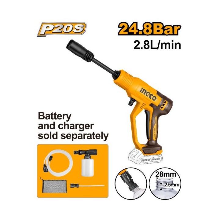 INGCO CPWLI2036 Pressure Washer 20V PS+C/L c/w Accessories