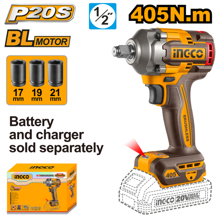 INGCO CIWLI20451 20V Power Share and Cordless Impact Wrench 405Nm 1/2"