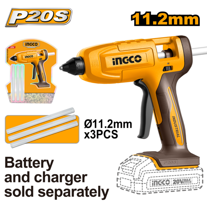 INGCO CGGLI2003 20V PS+C/L Glue Gun c/w 3x Glue Sticks