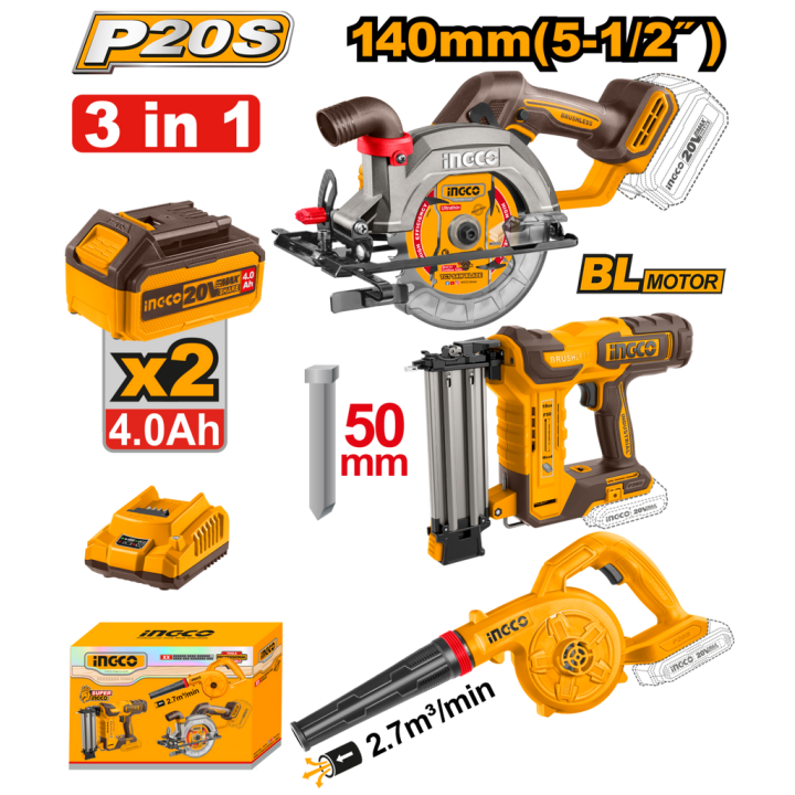 INGCO CKLI25032802 Blower/Nail Gun/Circular Saw c/w 2Batt+Charge 3PCE