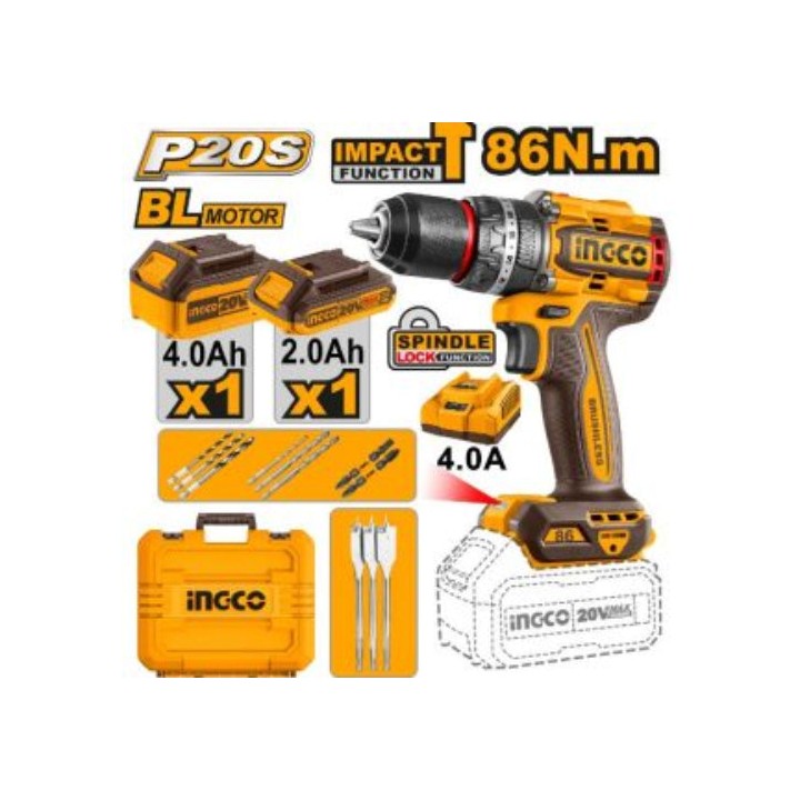 INGCO CIDLI20868 Impact Drill 20V PS+C/L 86NM Kit