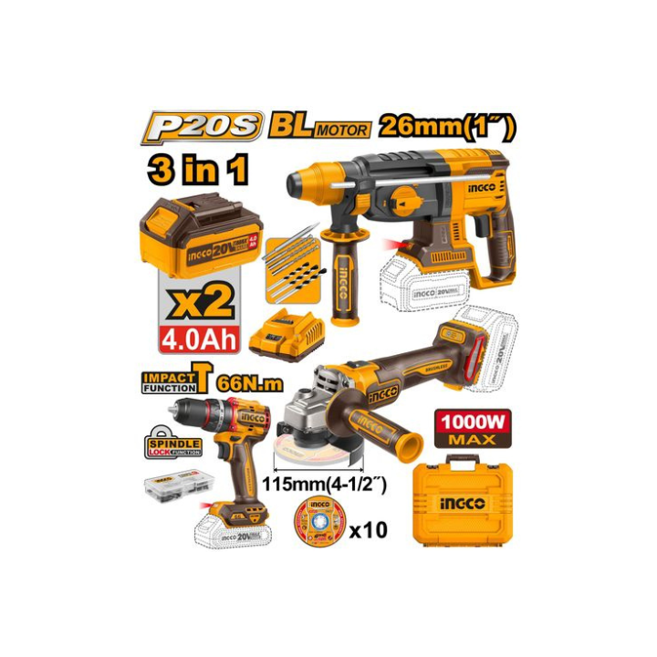 INGCO COSLI241198 20VPS+ C/L GRIND/DRILL/HAM 3PCE