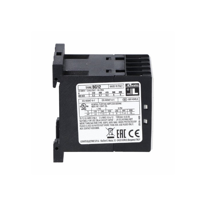 Lovato OMNI-LV-0000680 BG1210 12A 3Pole 4KW 1NO Miniature Contactor - Select Voltage / 24VAC