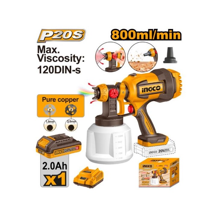 INGCO CSGLI20042 Spray Gun 20V PS+C/L + 5PCE Kit