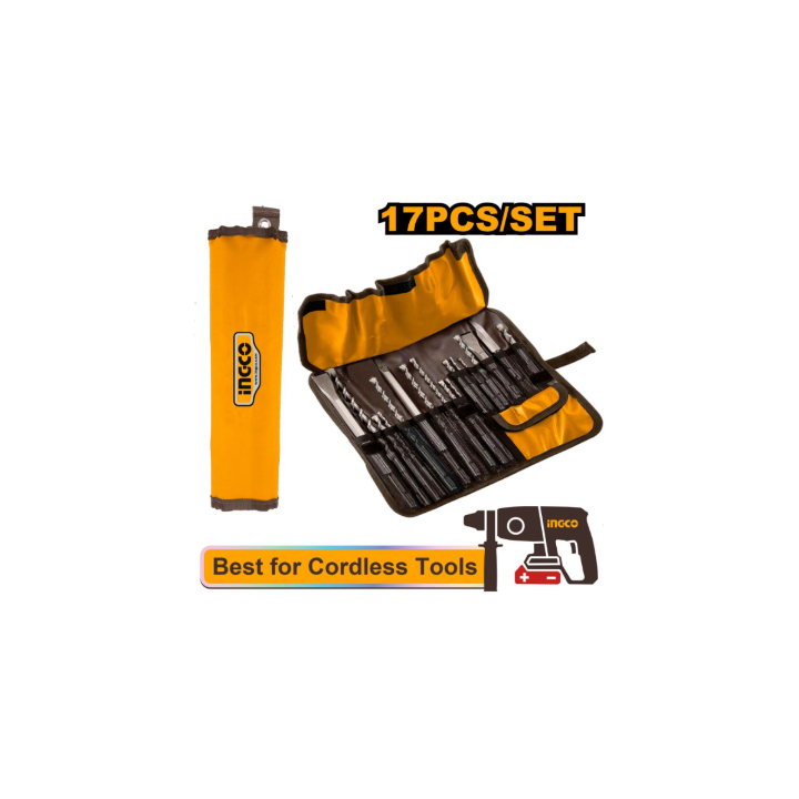 INGCO AKD91701 17 Piece SDS plus Hammer Drill Bits and Chisels Set with Canvas Bag