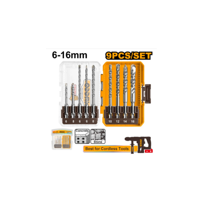 INGCO AKDL30906 9 Piece SDS Plus Hammer Drill Bit Set