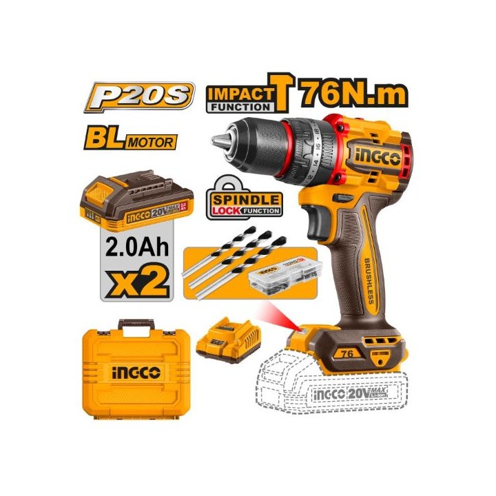 INGCO CIDLI20686 20V PS+ C/L DRILL IMPACT 76NM KIT
