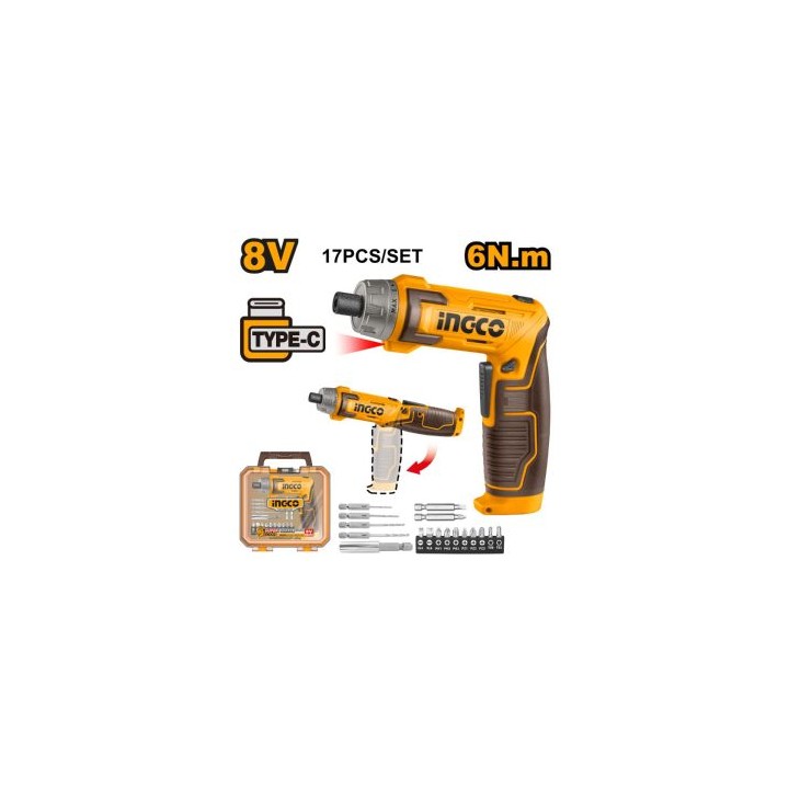 INGCO CSDLI08025 S/DRIVER CORDLESS 8V USB + BITS