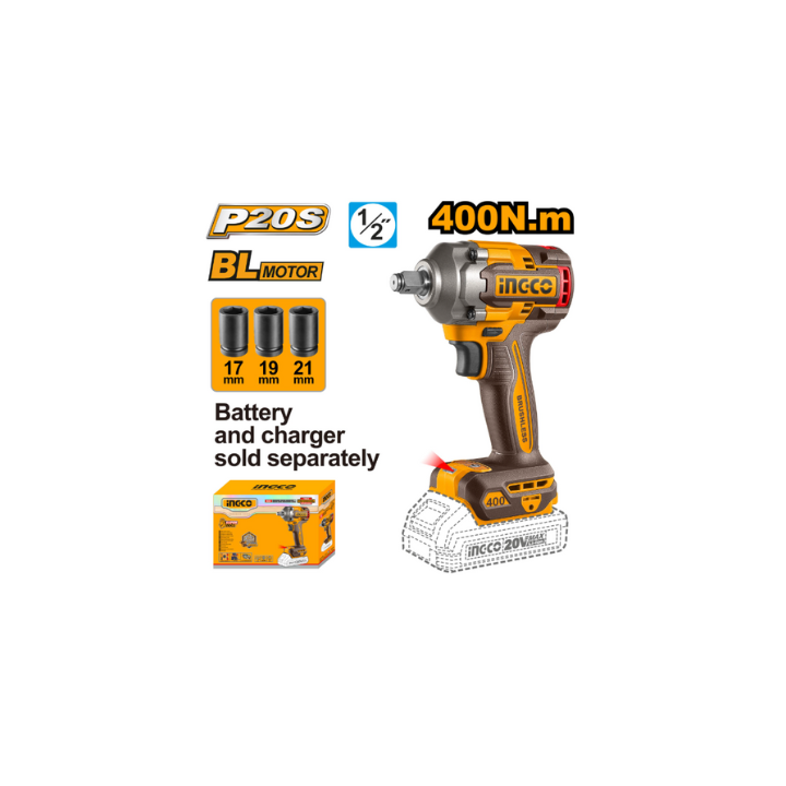 INGCO CIWLI20401 20V PS+C/L IMPACT WRENCH 400Nm 1/2"