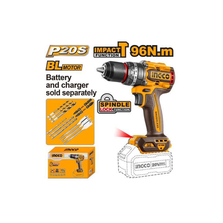 INGCO CIDLI209685 20V PS+C/L B/L I/DRILL 96NM INCL ASSY