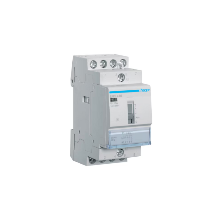 Hager ERC416 16A 230V 4NO CONTACTOR c/w MANUAL OVERRIDE