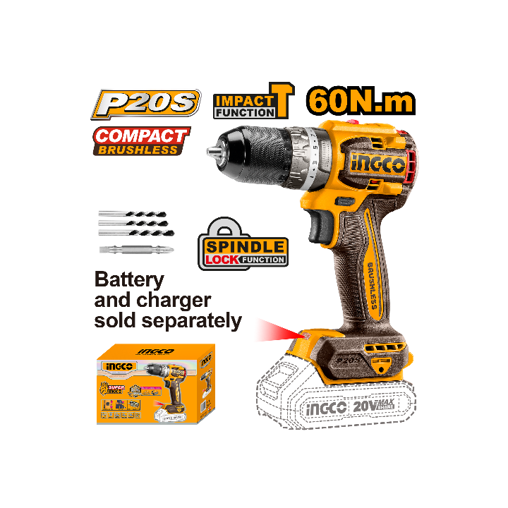 INGCO CIDLI206681 20V PS+ C/L DRILL B/LESS 66NM IMP + AC