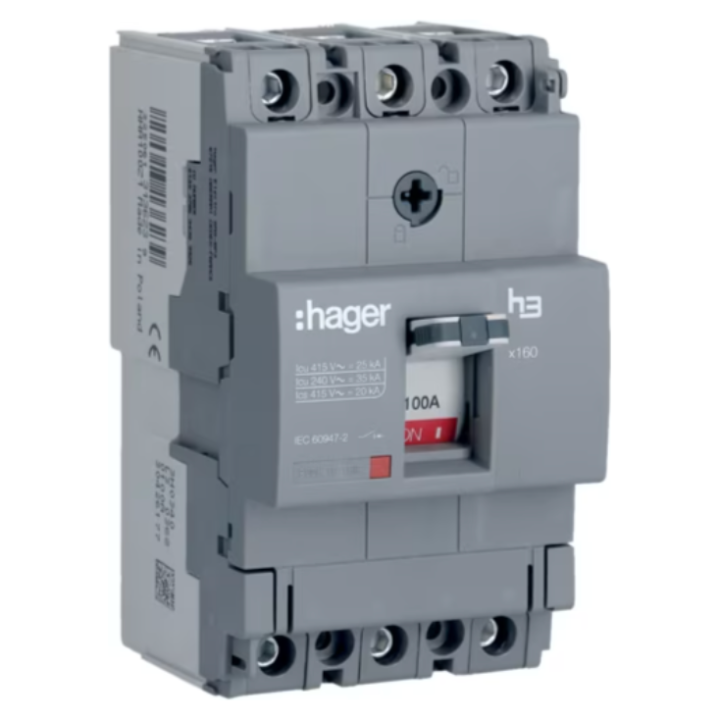 Hager HHA100Z Moulded Case Circuit Breaker X160 3P 25kA 100A